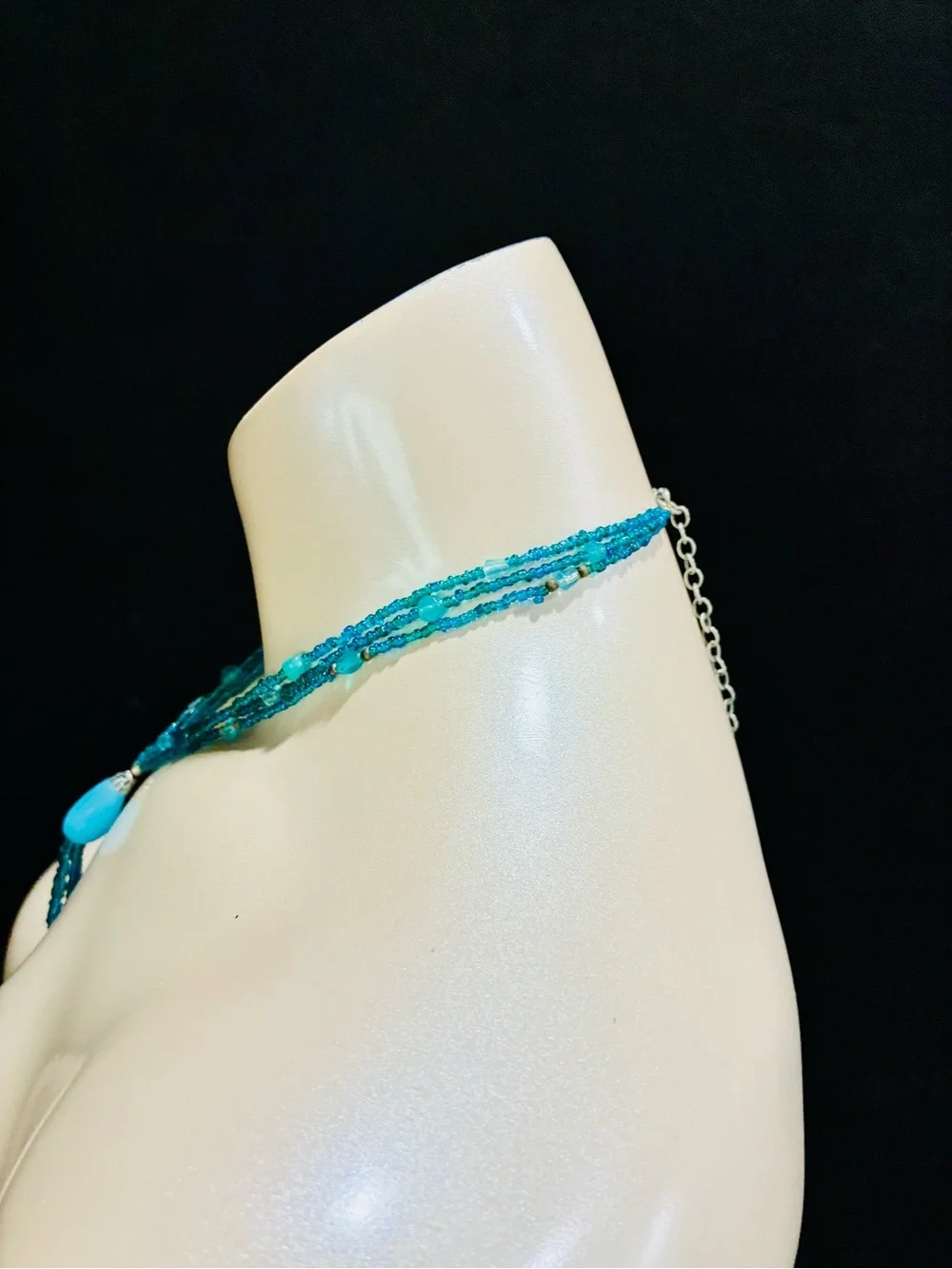 Aqua Blue Multi-Strand Tassel Necklace with Teardrop Pendant - Women Jewelry